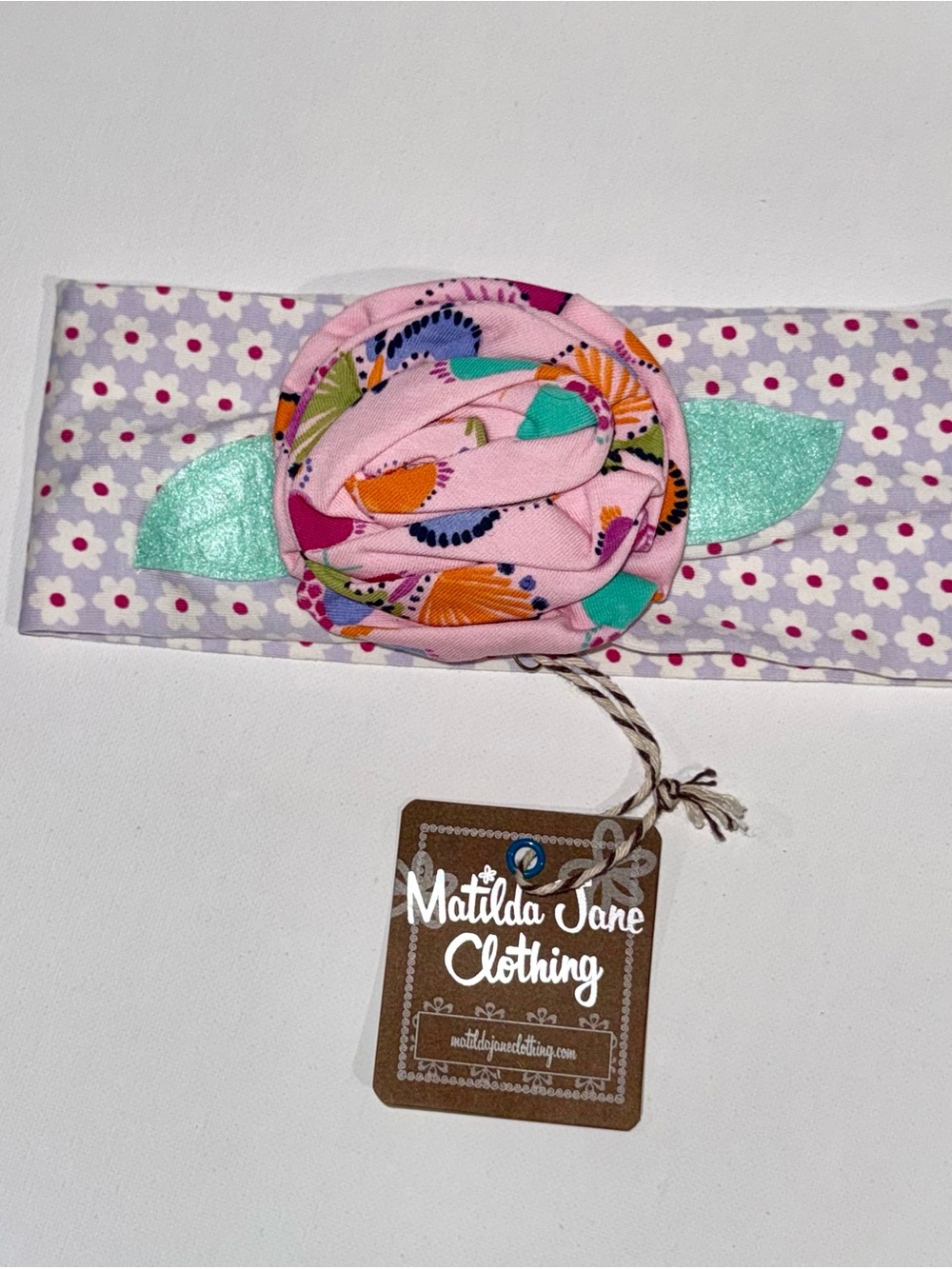 Matilda Jane Lavender Daisy Headband with Pink Rosette & Mint Leaves